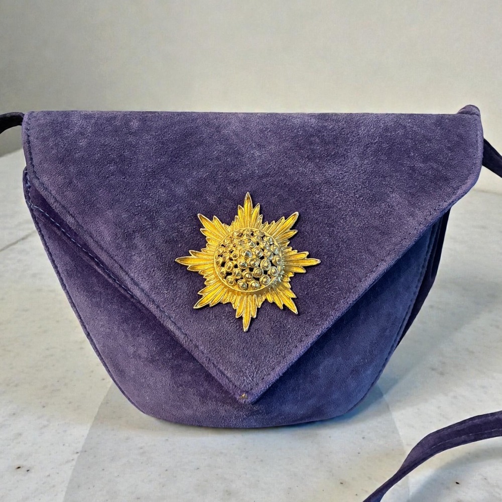 Vintage 80s La Bon Bag Purple Suede Geometric Crossbody Purse Sunburst Medallion